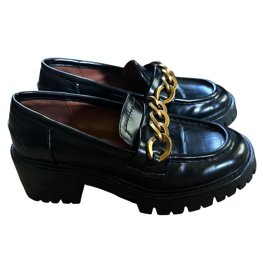 Zara Black Lug Sole With Gold Chain‎ Link Platform Loafers Women's 7.5